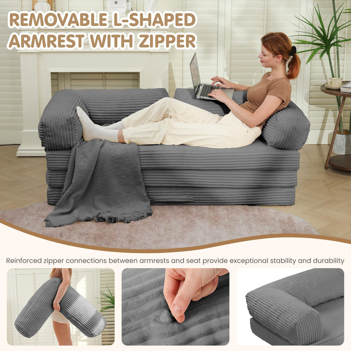 Convertible Sofa Bed Queen,5-in-1 Boneless Couch with Removable Armrests & Handle,Corduroy Futon Sleeper Sofa,Floor Folding Mattress Pull Out Bed for Small Space Apartment Living Room Bedroom,Green