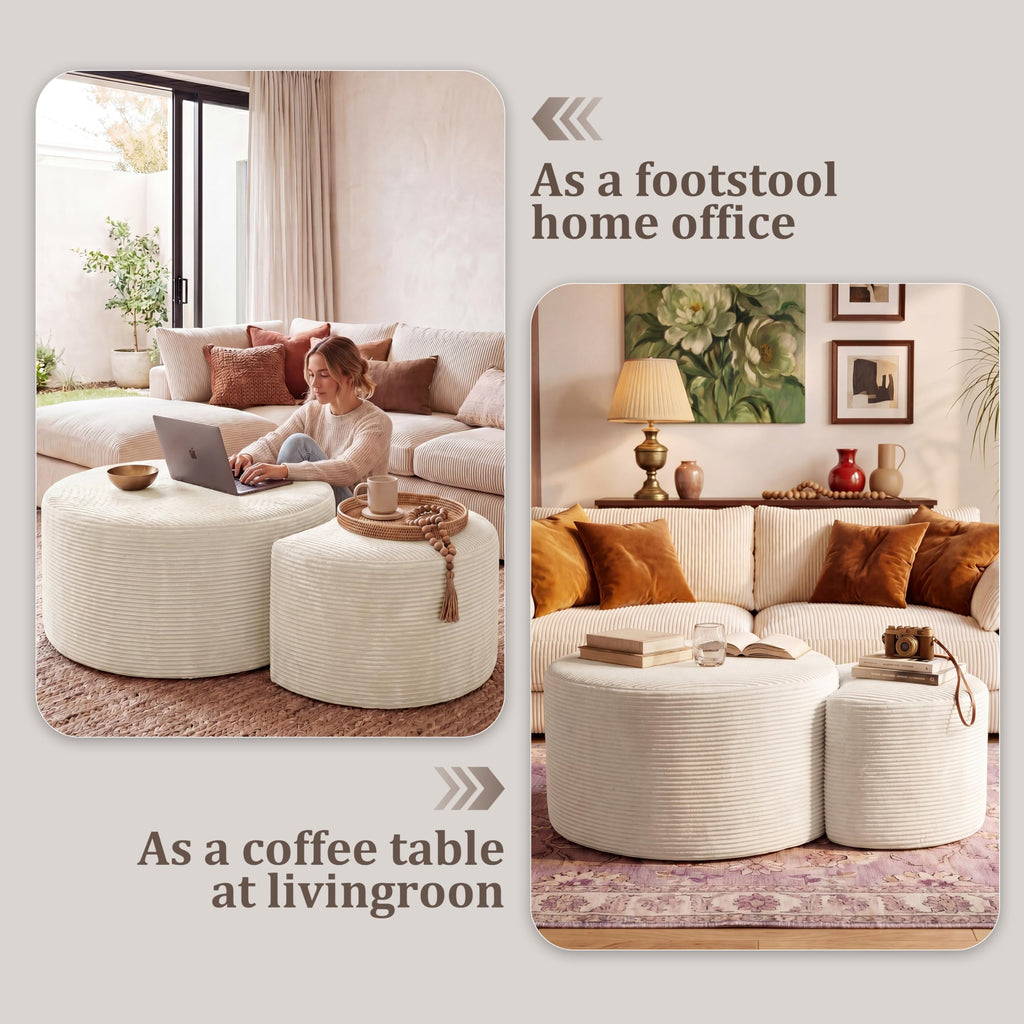 BSHOMGI Nesting Coffee Table Set of 2,Corduroy Ottoman Soft Foot Rest Movable LargePouf Footstool for Living Room Sofa Couch Bedroom Entryway and Small Spaces No Assembly (Blue, 32"+17")