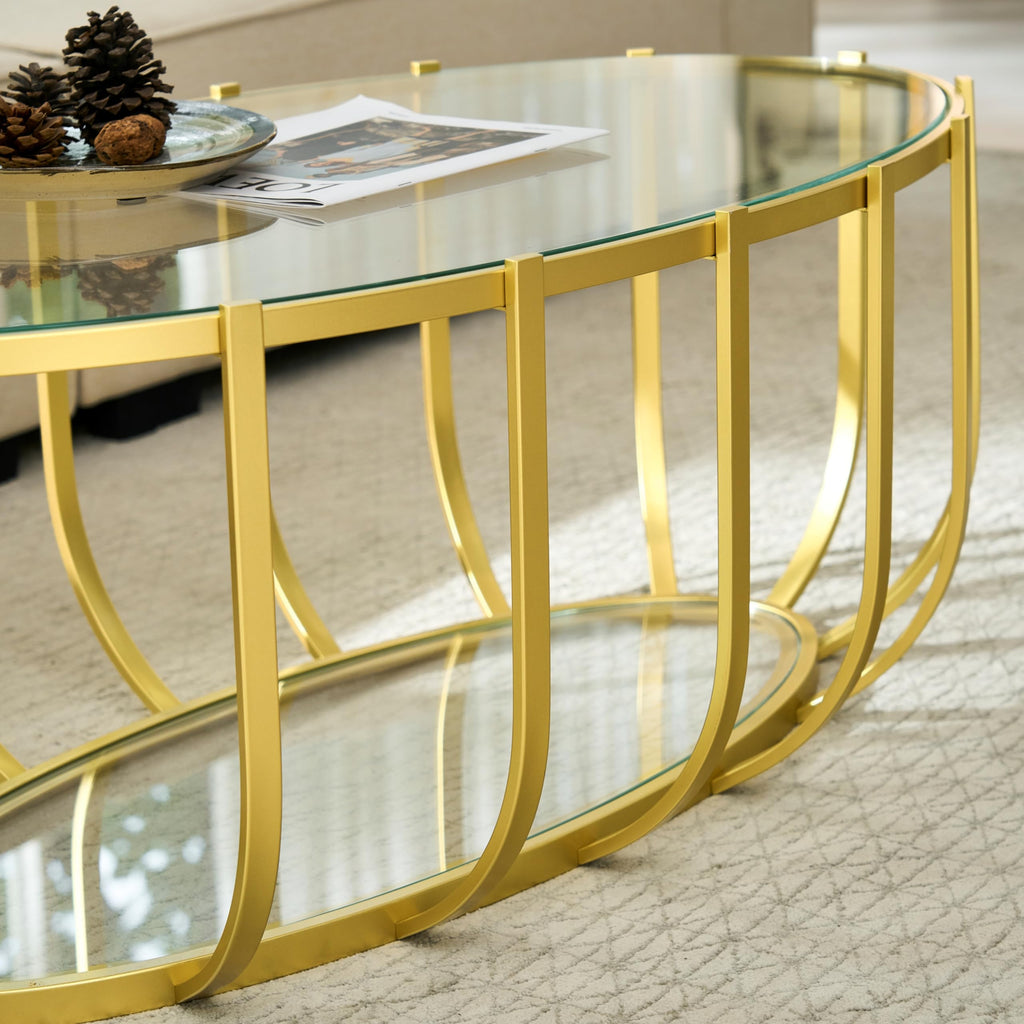 Saint Mossi Gold Round Coffee Table with Clear Glass Top and Glass Shelf