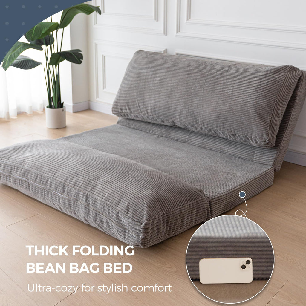 MAXYOYO Folding Sofa Bed, Extra Thick and Long Floor Sofa Convertible Chair with Washable Cover, Floor Couch Lounge Bean Bag Bed for Living Room, Dark Grey, 54x91 Inch