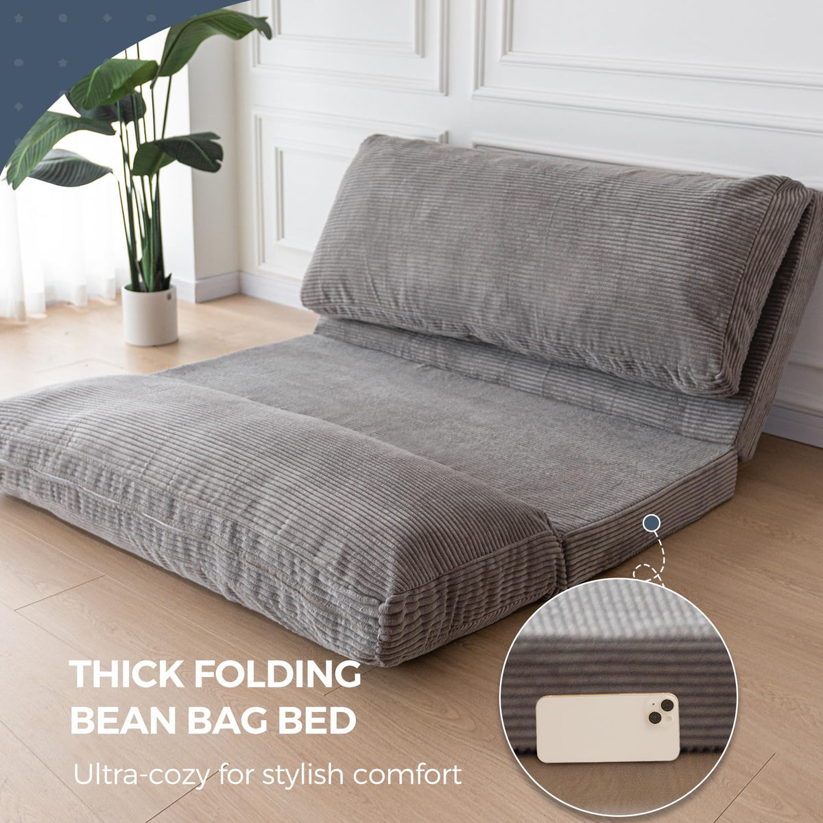 MAXYOYO Folding Sofa Bed, Extra Thick and Long Floor Sofa Convertible Chair with Washable Cover, Floor Couch Lounge Bean Bag Bed for Living Room, Dark Grey, 54x91 Inch