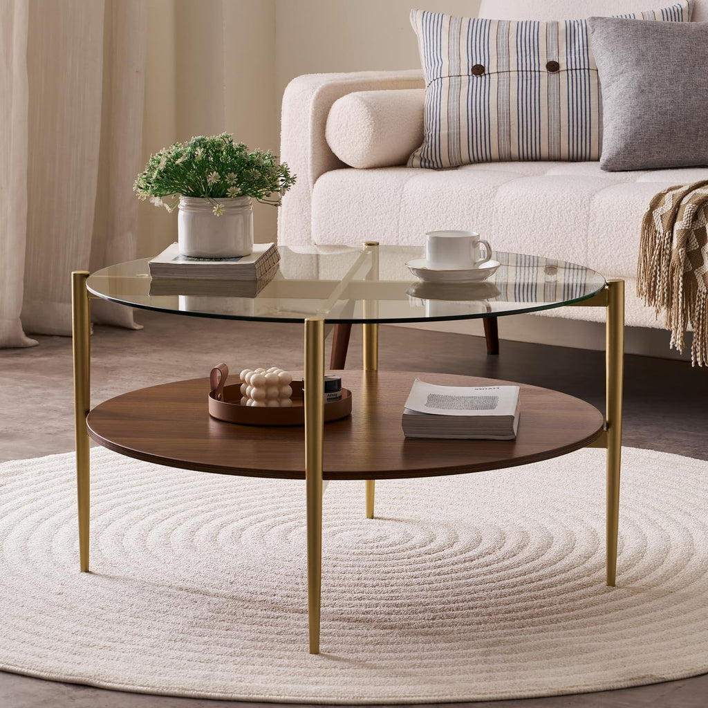 LumFurn Round Coffee Table for Living Room, Mid-Century Modern Design, D30 x H17, 2-Tier Structure, Grey Glass Top and Black Marble Finish Wood Shelf, Sleek Conical Metal Legs with Gold Finish Frame