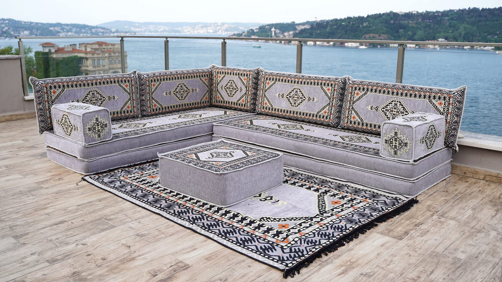 Gray L Shaped Pallet Cushions, Arabic Floor Sofa Set, Oriental Floor Seating, Sectional Floor Cushion, Indoor Floor Pillows, Arabic Majlis Set, Sofa Bed (U Sofa + Rug + Ottoman, 8'' Thickness (20 cm))