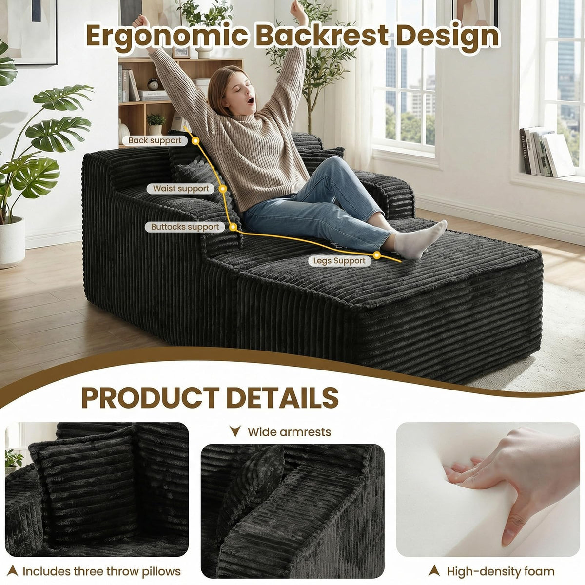 Chaise Lounge Chair Indoor,Boneless Chair with Ottoman,Comfy Reading Chair for Adults,Small Sofa Bed Couch for Living Room,Single Sleeper Chair Bed,Beige