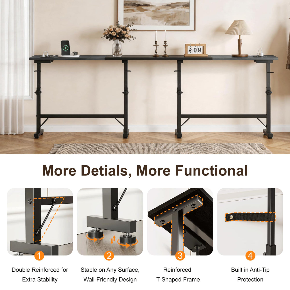 106"-157" Adjustable Length Behind Couch Sofa Table with 3 Power Outlets