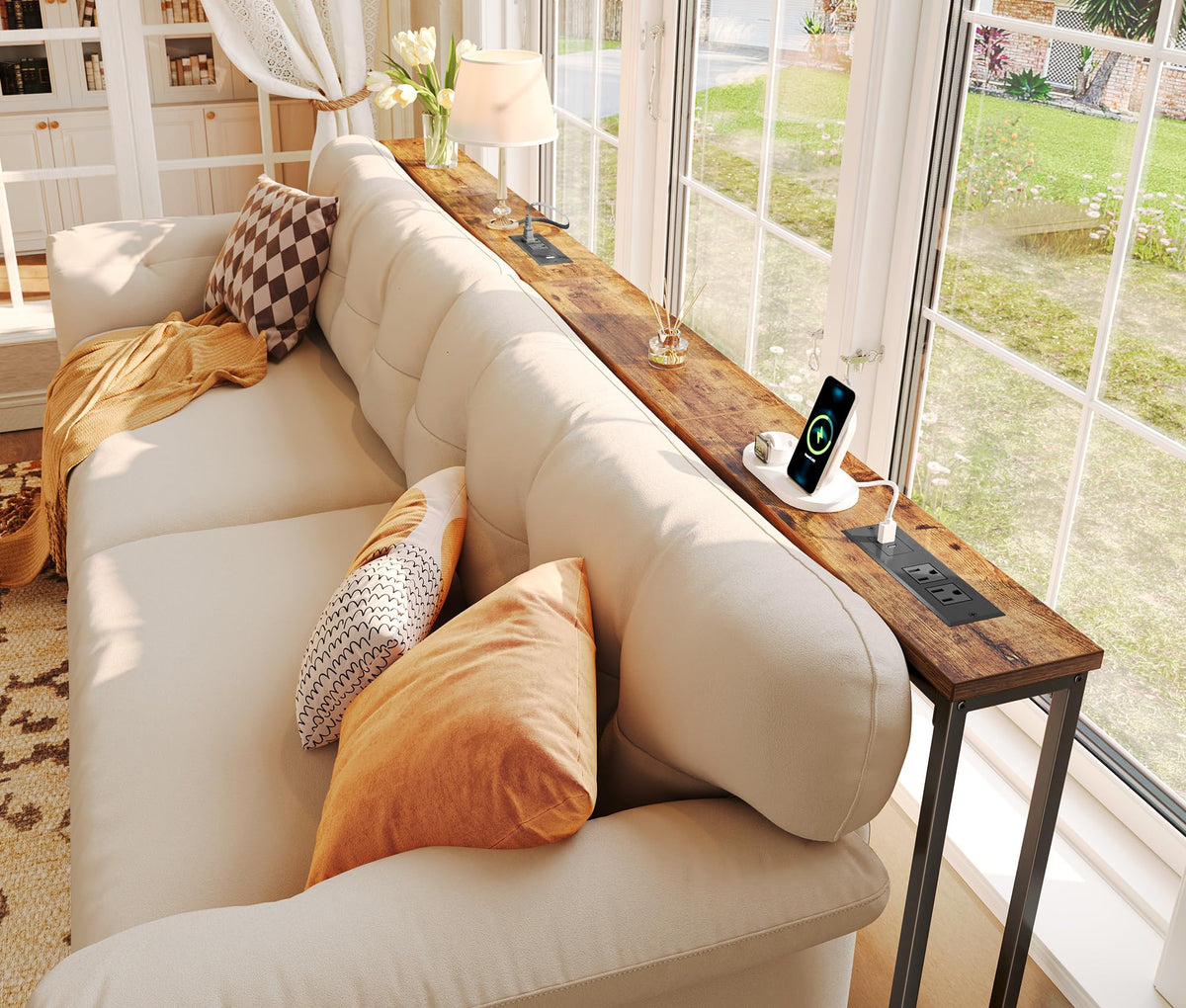 SUPERJARE 110.2 inch Narrow Behind Couch Table with Charging Stations