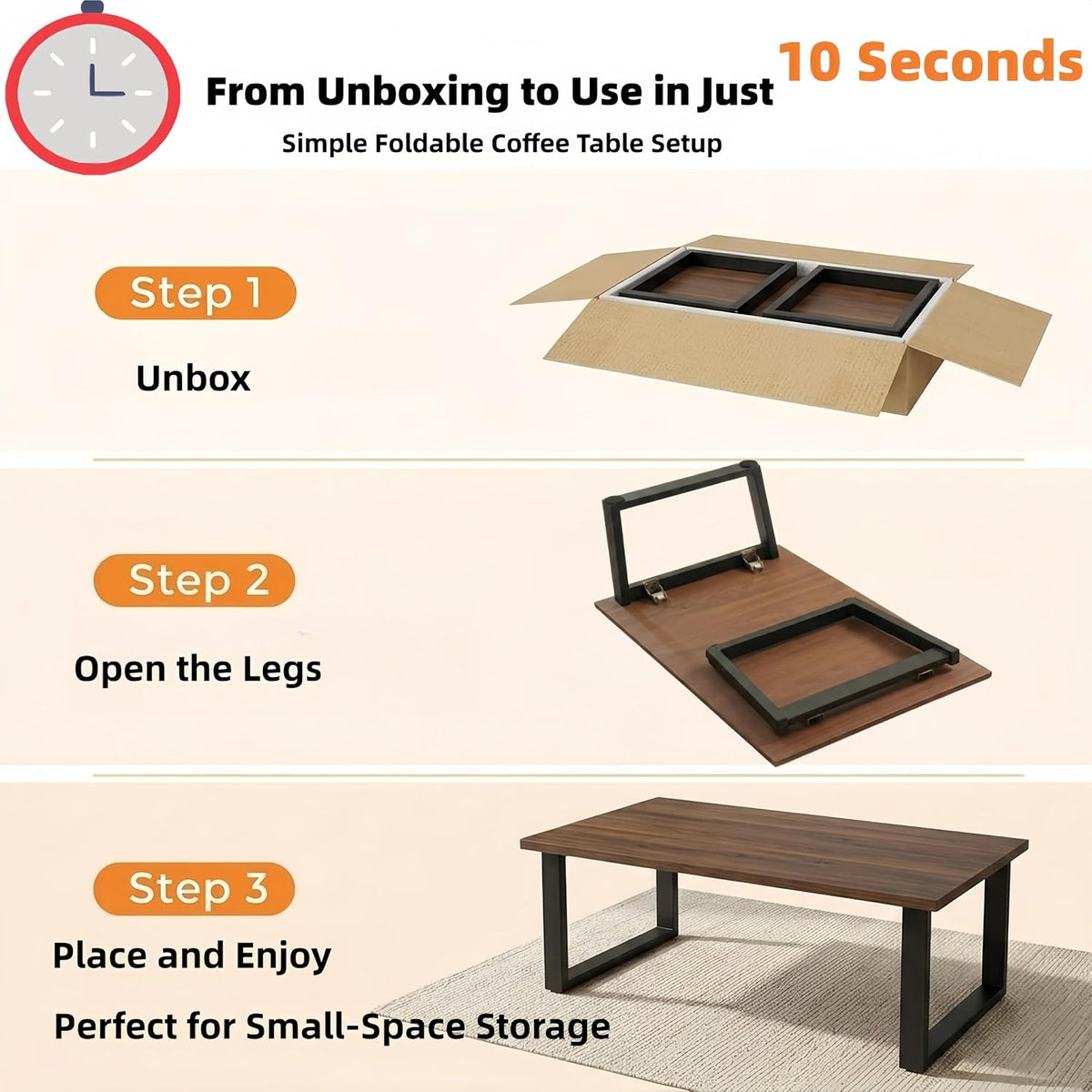 Walnut Folding Coffee Table, No Assembly Required for Small Spaces,35.5In