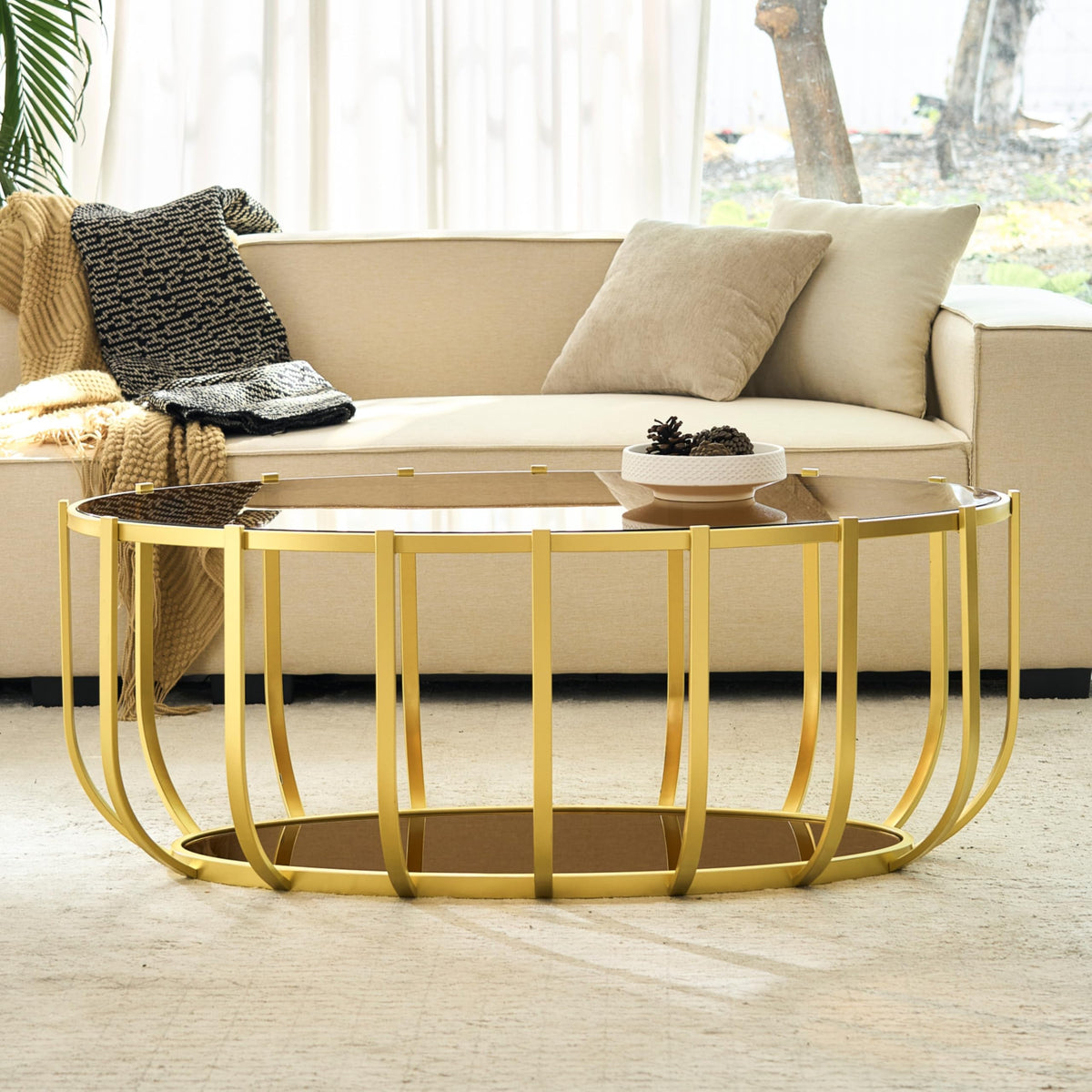 Saint Mossi Gold Round Coffee Table with Clear Glass Top and Glass Shelf