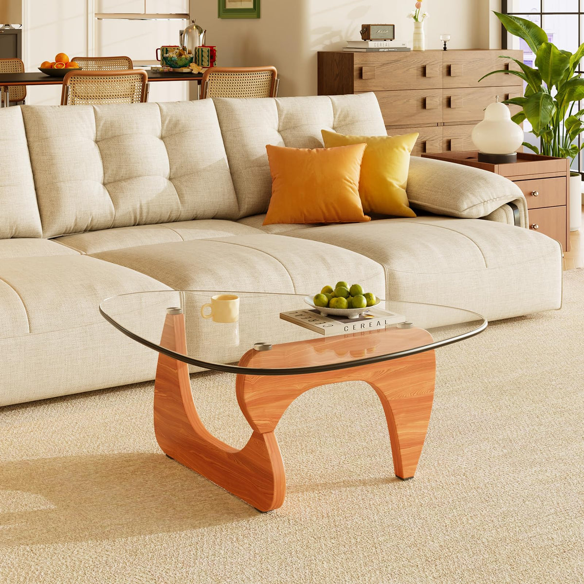 Coffee Tables Glass Small Farmhouse Coffee Table Mid-Century Modern Wood Center Table for Living Room, Walnut Transparent, 32 Inch