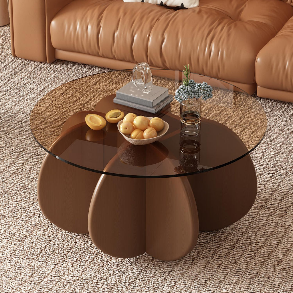 31.5'' Round Coffee Table with Tempered Glass Top, Modern Center Table for Small Spaces - Sturdy Walnut Board Frame, Simple Design for Living Room, Home, Office - Easy Assembly. (Walnut + Brown)