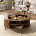 Round Lift Top Coffee Table, 39.4 Inch Minimalist Fluted Walnut Wood Cocktail Table with Hidden Divided Storage & Dual-Tier Open Side Shelves, Dark Walnut Finish Circular Living Room Center Table