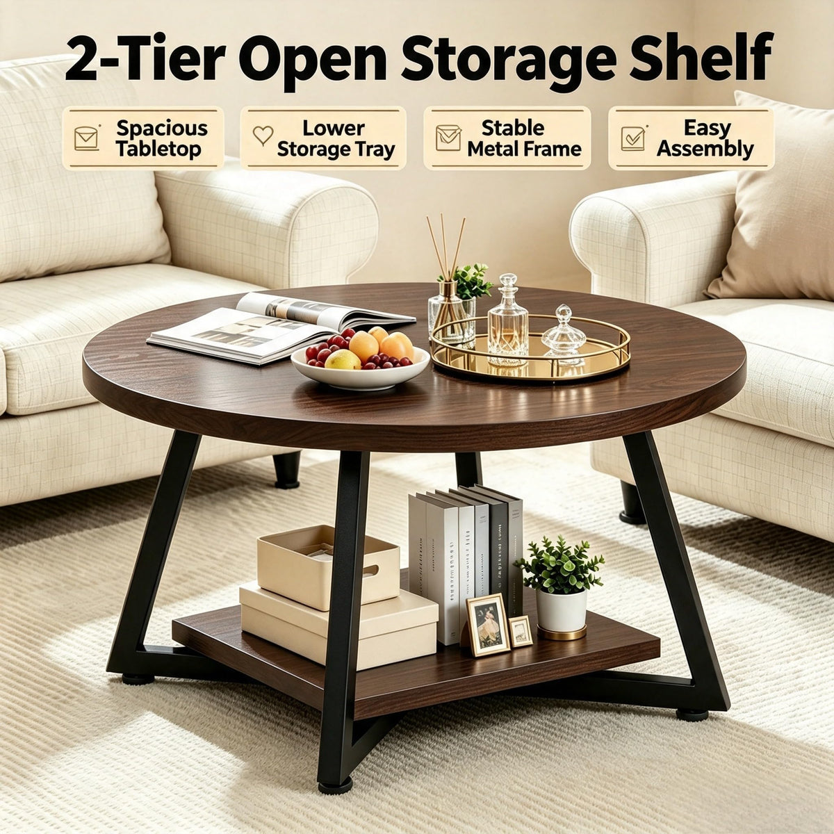Coffee Tables for Living Room, 27.6" Round Coffee Table, Black Coffee Table
