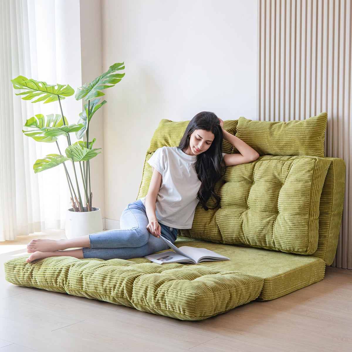 MAXYOYO Folding Sofa Bed, Extra Thick and Long Floor Sofa Convertible Chair with Washable Cover, Floor Couch Lounge Bean Bag Bed for Living Room, Dark Grey, 54x91 Inch