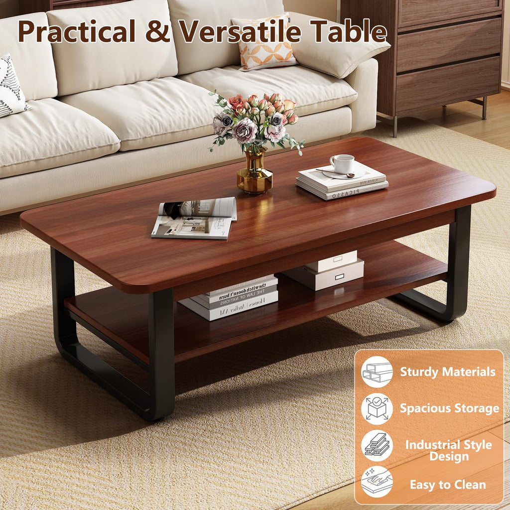 Coffee Table for Living Room with 2-Tier Storage Shelf, 39 inch Rectangular Wooden Center Table, Large Industrial Coffee Tables with Metal Leg & Rounded Corners for Home Office(Black)