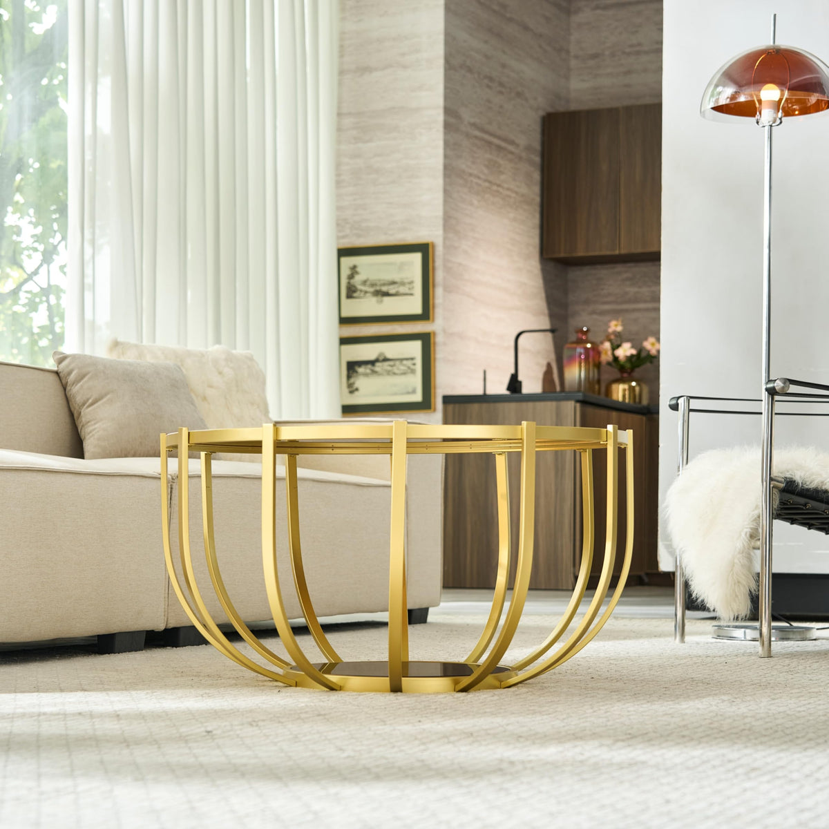 Saint Mossi Gold Round Coffee Table with Clear Glass Top and Glass Shelf