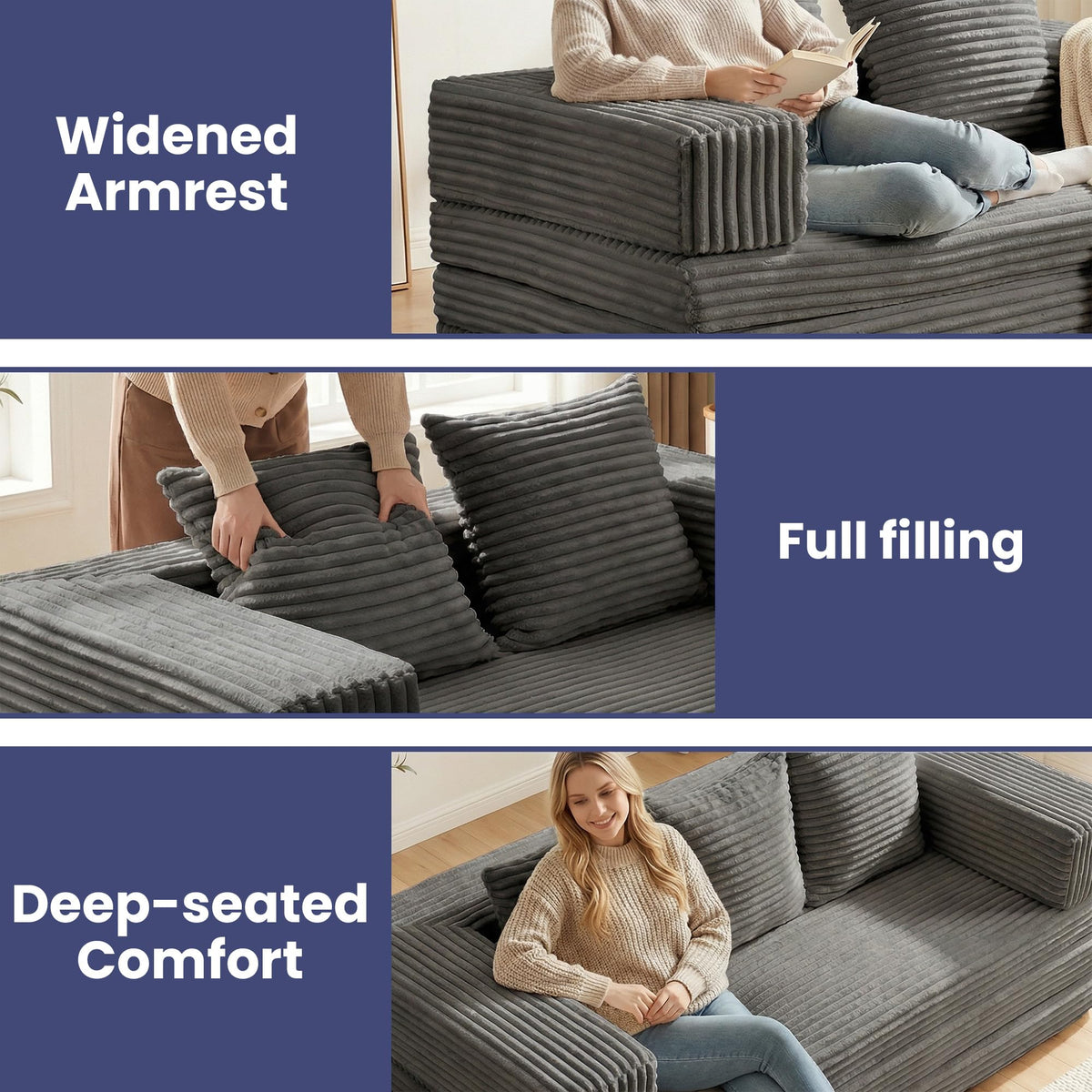 Convertible Sofa Bed, 4-in-1 Boneless Loveseat with Removable Armrests Backrest, Corduroy Futon Couch Bed with Pillow, Foldable Mattress Sleeper Sofa for Living Room Bedroom Small Place (Beige)