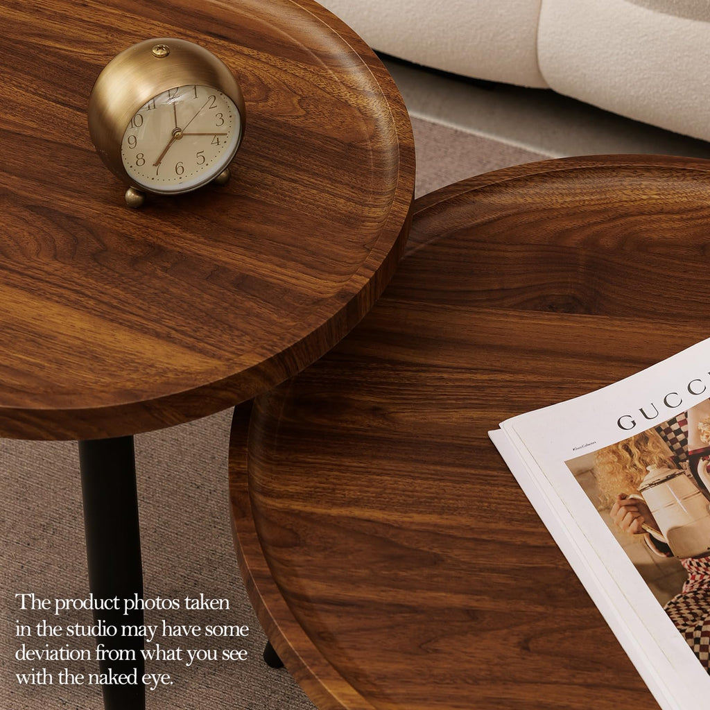 2 Pcs Small Oval Coffee Table,31.5" Retro Walnut Coffee Tables Nesting Tables Set,Easy Assembly Mid Century Modern Coffee Tables for Living Room Office,Coffee Table and End Table Sets