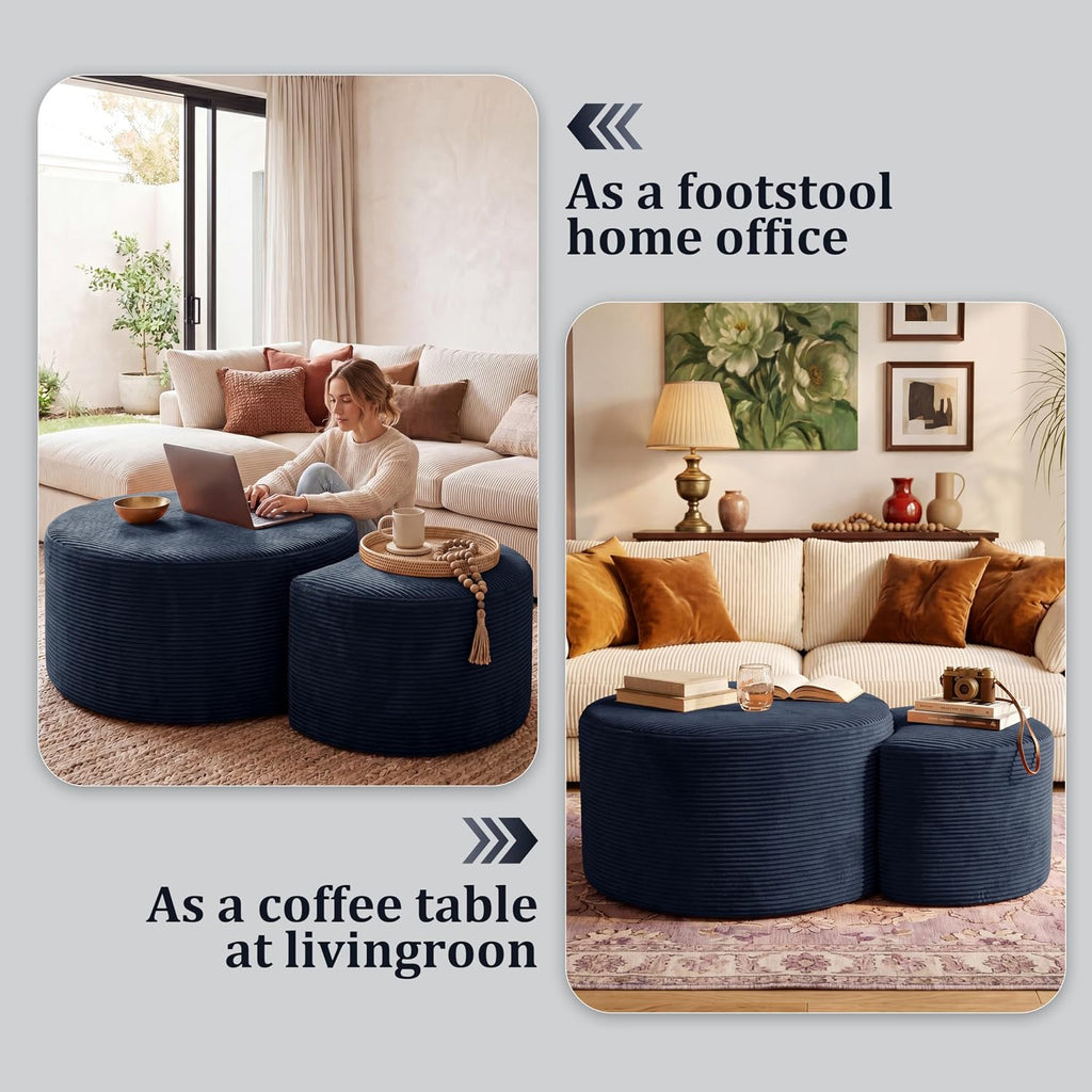 BSHOMGI Nesting Coffee Table Set of 2,Corduroy Ottoman Soft Foot Rest Movable LargePouf Footstool for Living Room Sofa Couch Bedroom Entryway and Small Spaces No Assembly (Blue, 32"+17")