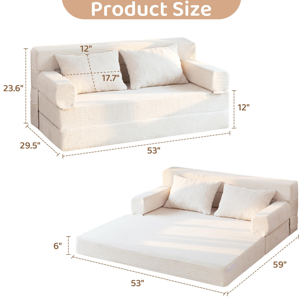 BYBYME Convertible Sofa Bed, 6â Thick 3-Folding Floor Sofa, 53â Loveseat