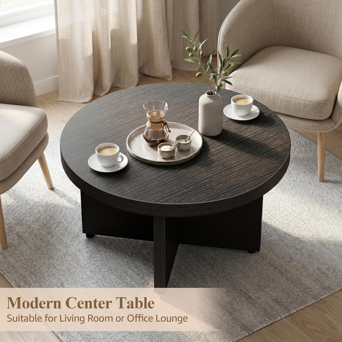 Small Black Round Coffee Table - 30 inch Wood Coffee Tables for Living Room Modern Circle Tea Table Circular Center Table for Apartment