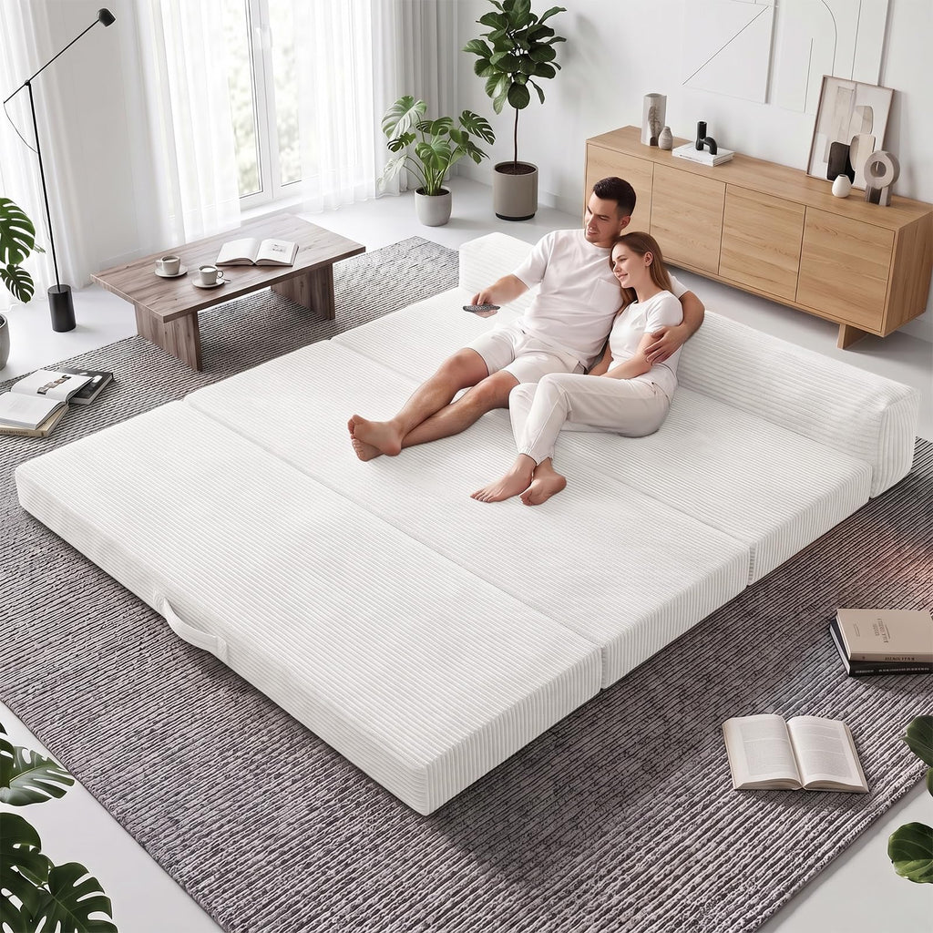 JUIKURY 6 Inch Tri-Fold Memory Foam Mattress Queen Size, 5 in 1 Convertible Sofa Bed, Foldable Floor Futon Sleeper Couch with Washable Cover & High-Density Foam, Portable Guest Bed for Living Room