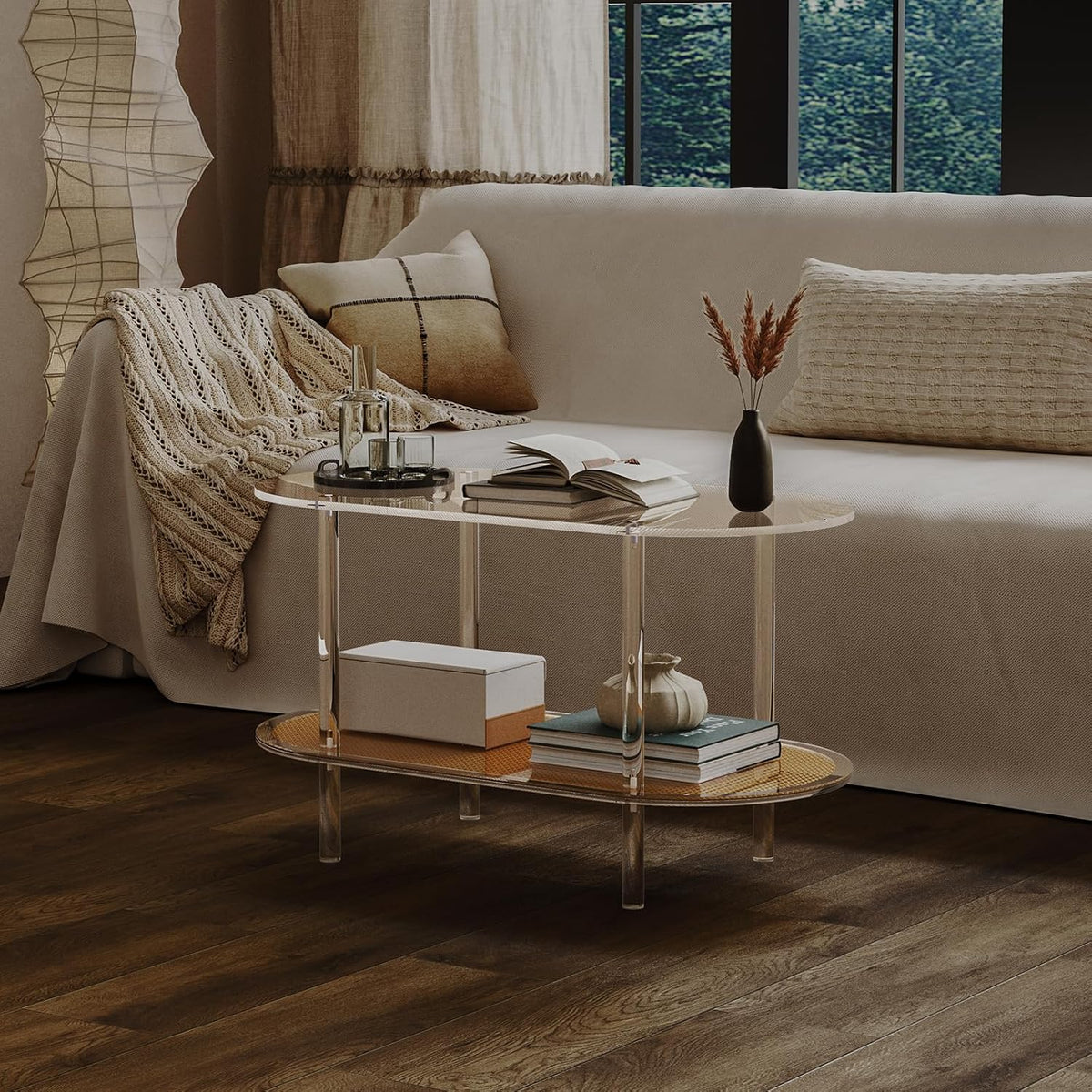 HMYHUM Acrylic Oval Coffee Table, 2-Tier Clear Table with Rattan Storage Shelf, Modern Centre Table for Living Room, Bedroom, Office, Reception Room, 31.5" L Ã 15.7" W Ã 17.7" H