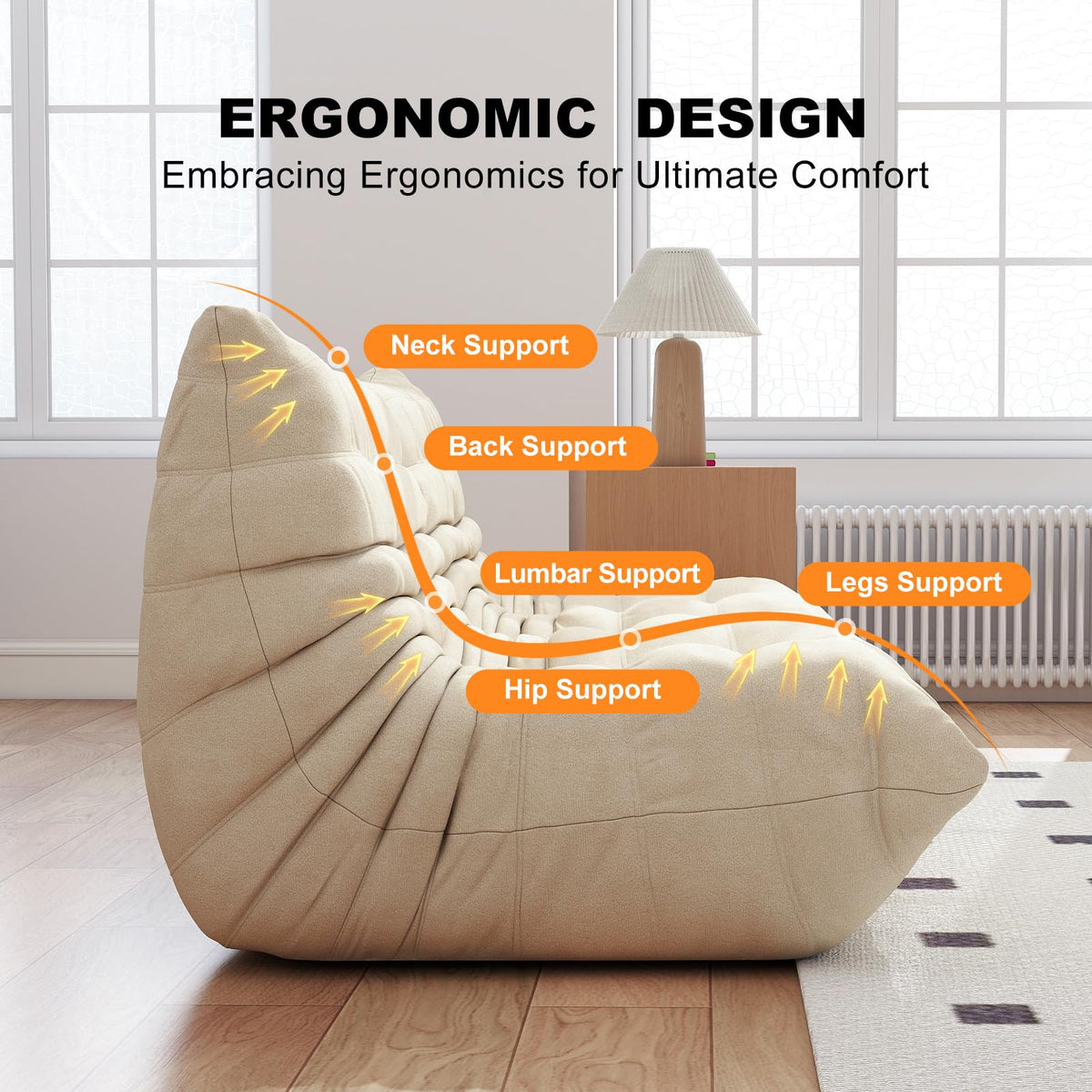Full Foam 3-Seater Sofa, Bean Bag Floor Couch for Adults, Waterproof Fabric