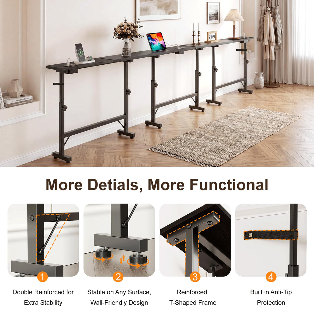 106"-157" Adjustable Length Behind Couch Sofa Table with 3 Power Outlets