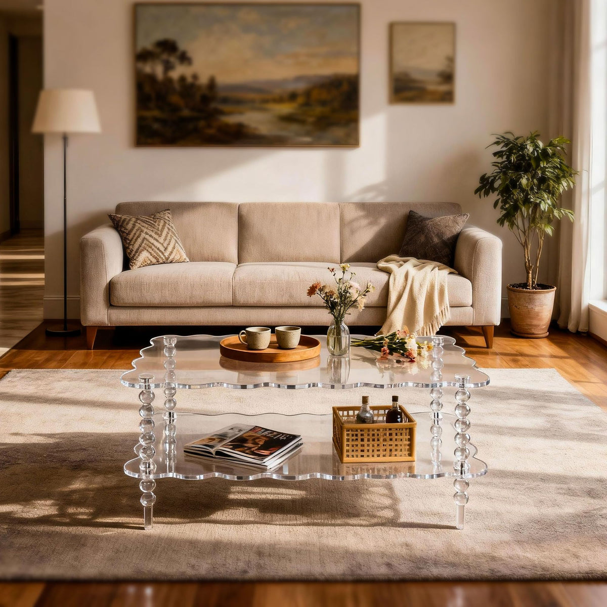 Acrylic Coffee Table, 2-Tier Living Room Table with Storage, Center Table Mid-Modern Century for Living Room, Easy to Assemble (Green, 37.8âÃ23.6âÃ15.7â)