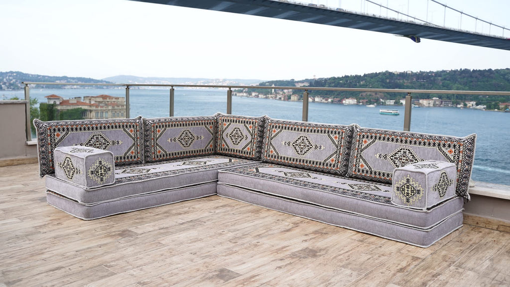 Gray L Shaped Pallet Cushions, Arabic Floor Sofa Set, Oriental Floor Seating, Sectional Floor Cushion, Indoor Floor Pillows, Arabic Majlis Set, Sofa Bed (U Sofa + Rug + Ottoman, 8'' Thickness (20 cm))