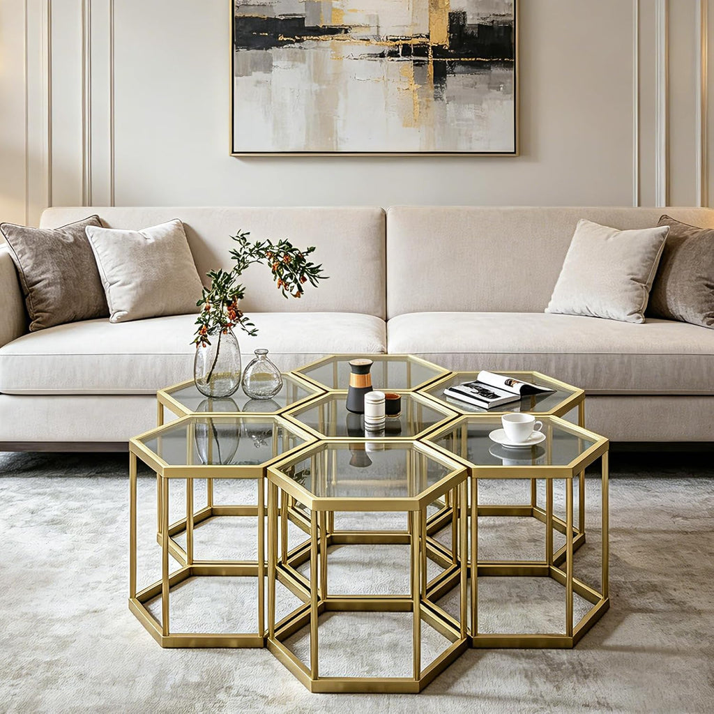 Hexagonal Modular Coffee Table, Gold Plated Frame, Tempered Glass Top, Geometric Accent Side Table, Multi-Purpose Nesting Table for Living Room Bedroom, Set of 3