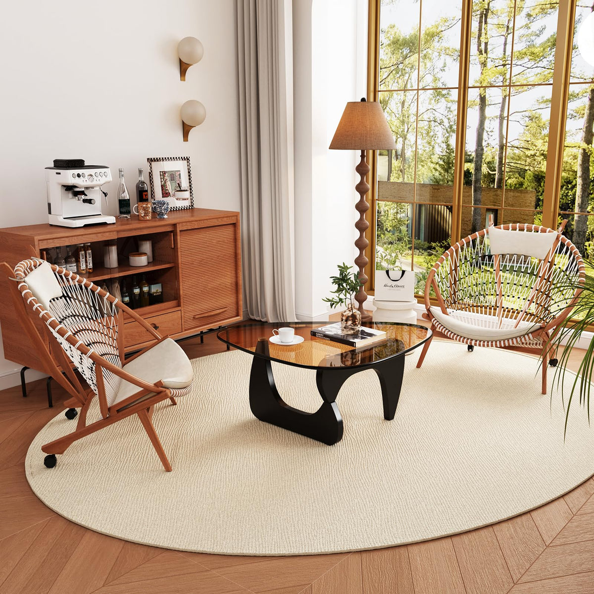 Coffee Tables Glass Small Farmhouse Coffee Table Mid-Century Modern Wood Center Table for Living Room, Walnut Transparent, 32 Inch