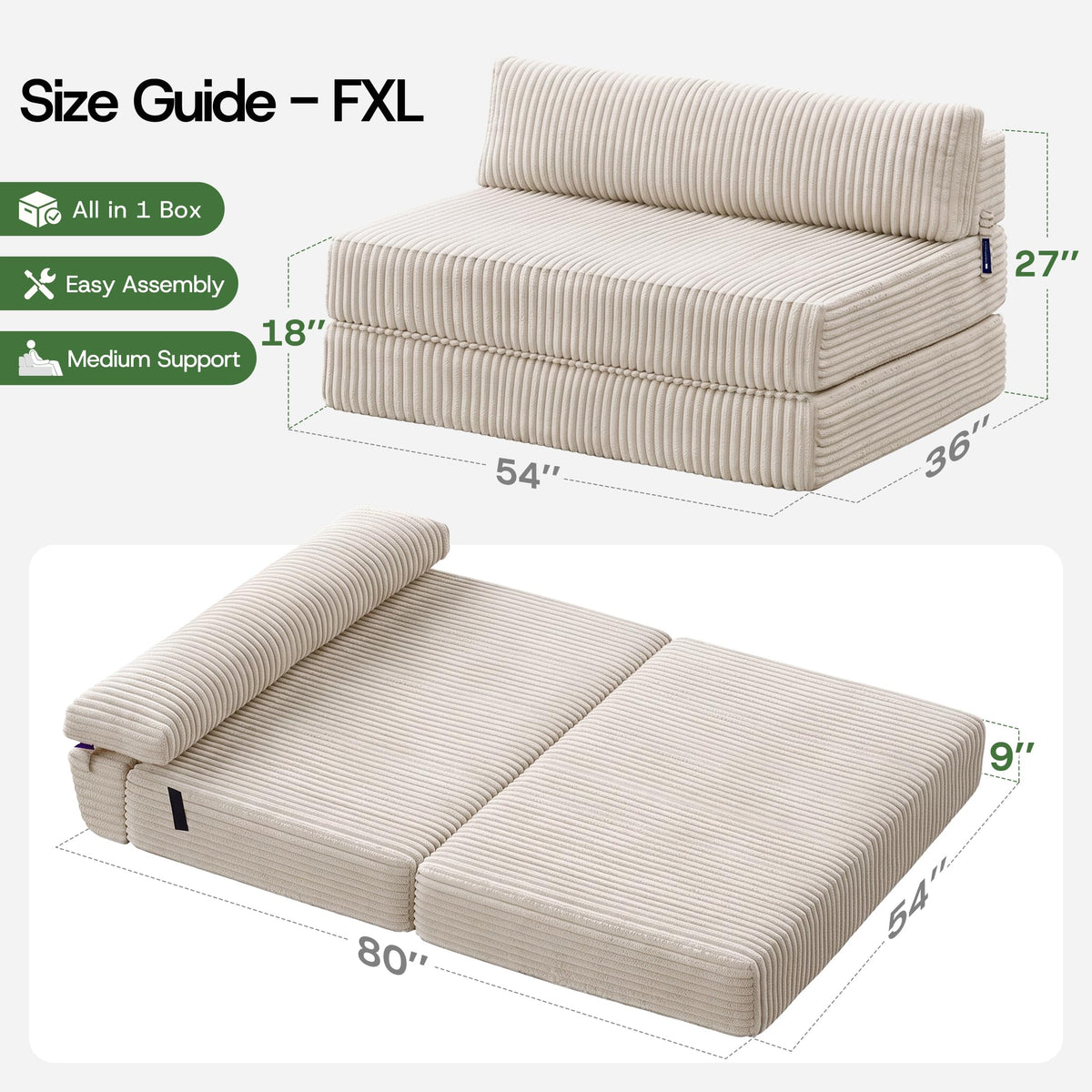 Folding Sofa Bed Convertible 4 in 1 Sleeper Chair Black Single