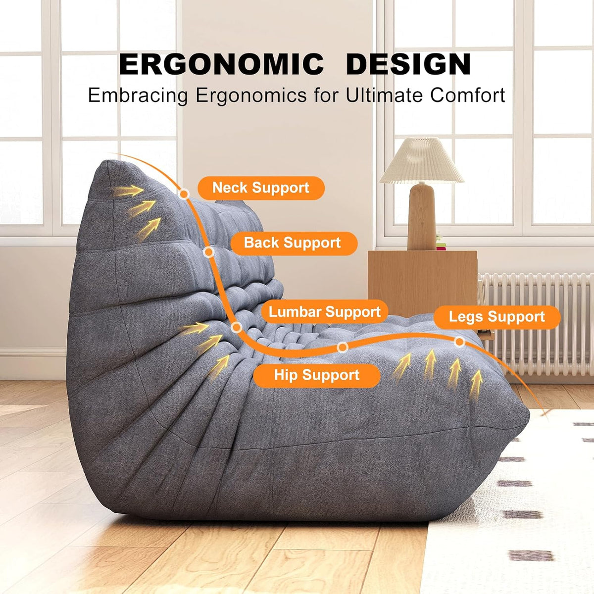 Full Foam 3-Seater Sofa, Bean Bag Floor Couch for Adults, Waterproof Fabric