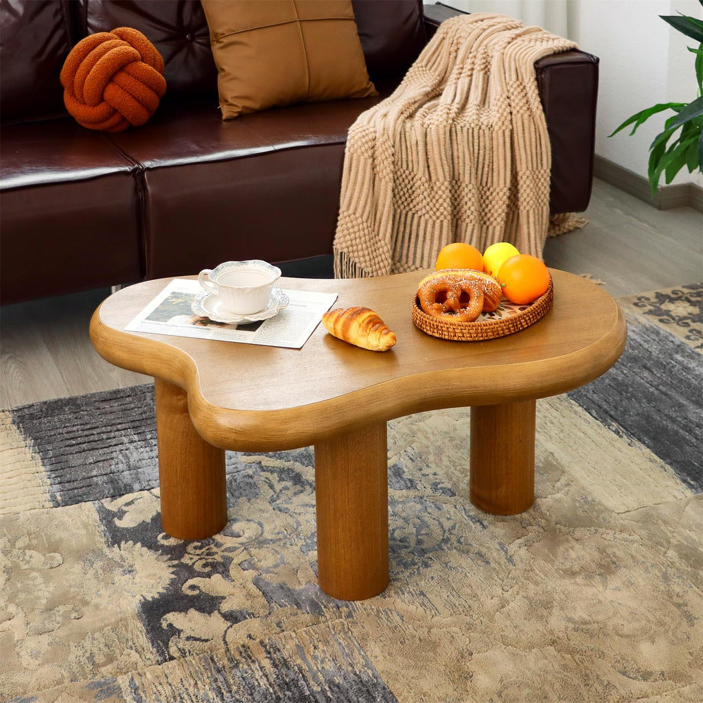 34"(L) Cloud Coffee Table, Modern Wood Coffee Table for Living Room, Accent Center Tables with 3 Legs, Small Tea Tables for Balcony, Patio, Bedroom, Cream White