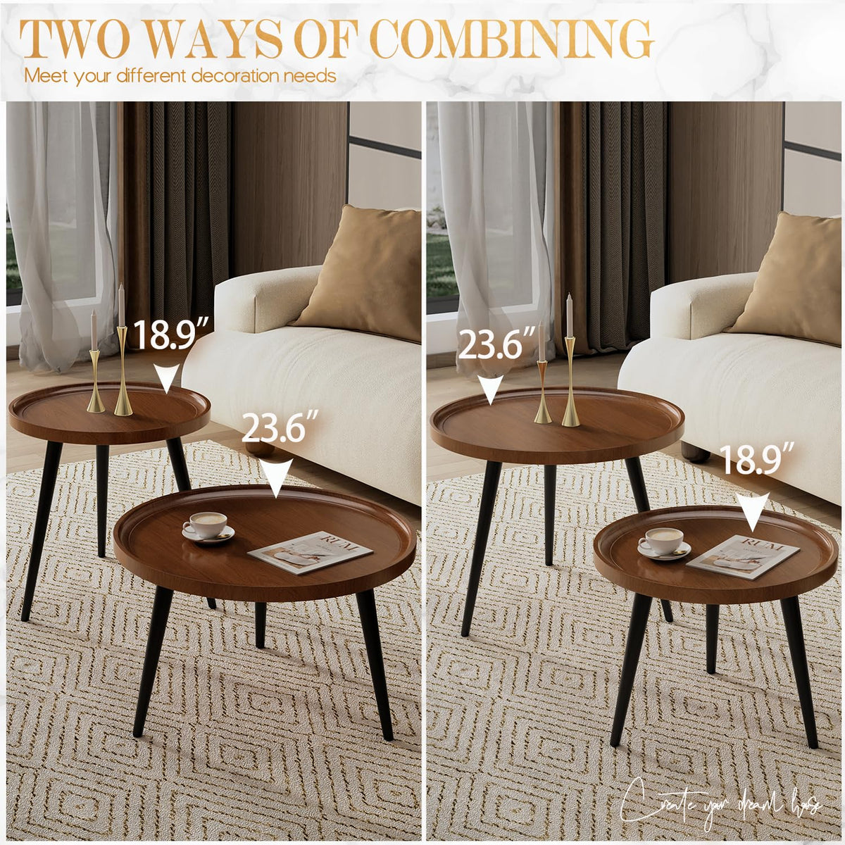 2 Pcs Small Oval Coffee Table,31.5" Retro Walnut Coffee Tables Nesting Tables Set,Easy Assembly Mid Century Modern Coffee Tables for Living Room Office,Coffee Table and End Table Sets