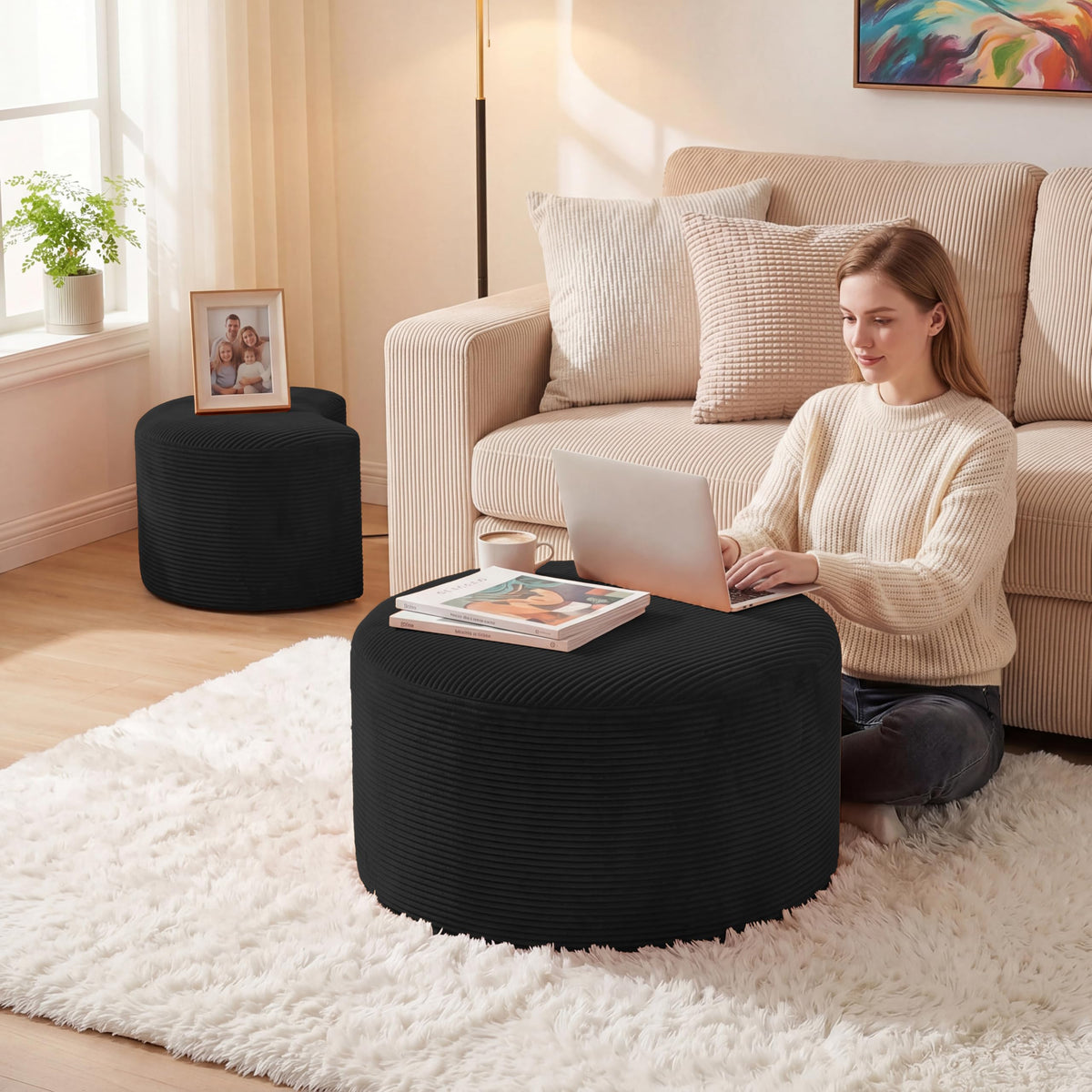 BSHOMGI Nesting Coffee Table Set of 2,Corduroy Ottoman Soft Foot Rest Movable LargePouf Footstool for Living Room Sofa Couch Bedroom Entryway and Small Spaces No Assembly (Blue, 32"+17")
