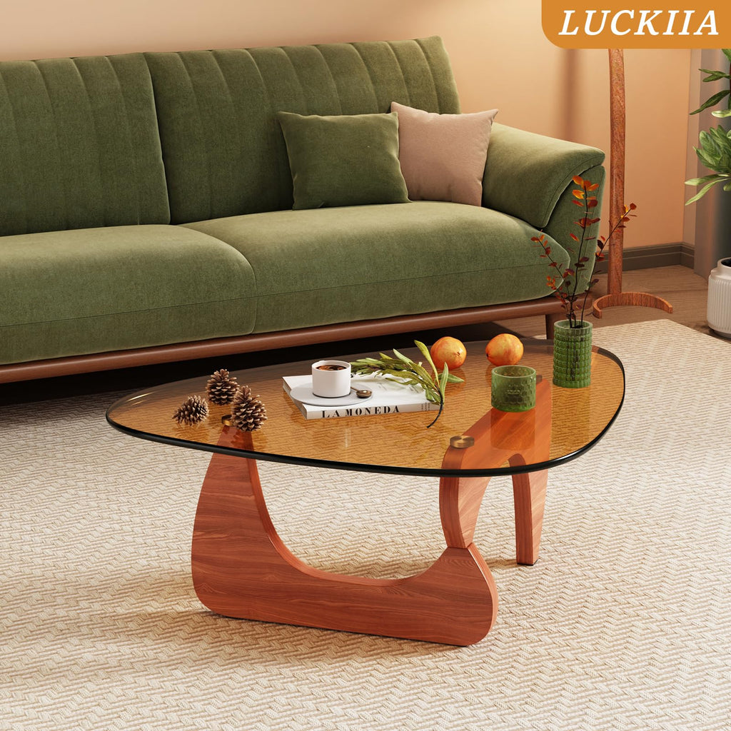Coffee Tables Glass Small Farmhouse Coffee Table Mid-Century Modern Wood Center Table for Living Room, Walnut Transparent, 32 Inch