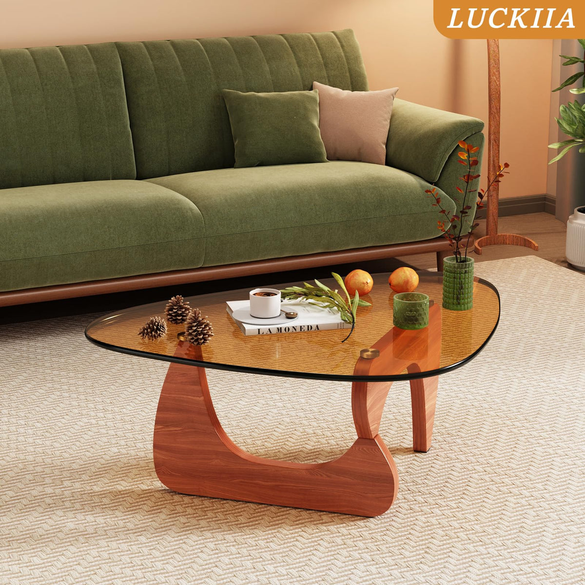 Coffee Tables Glass Small Farmhouse Coffee Table Mid-Century Modern Wood Center Table for Living Room, Walnut Transparent, 32 Inch