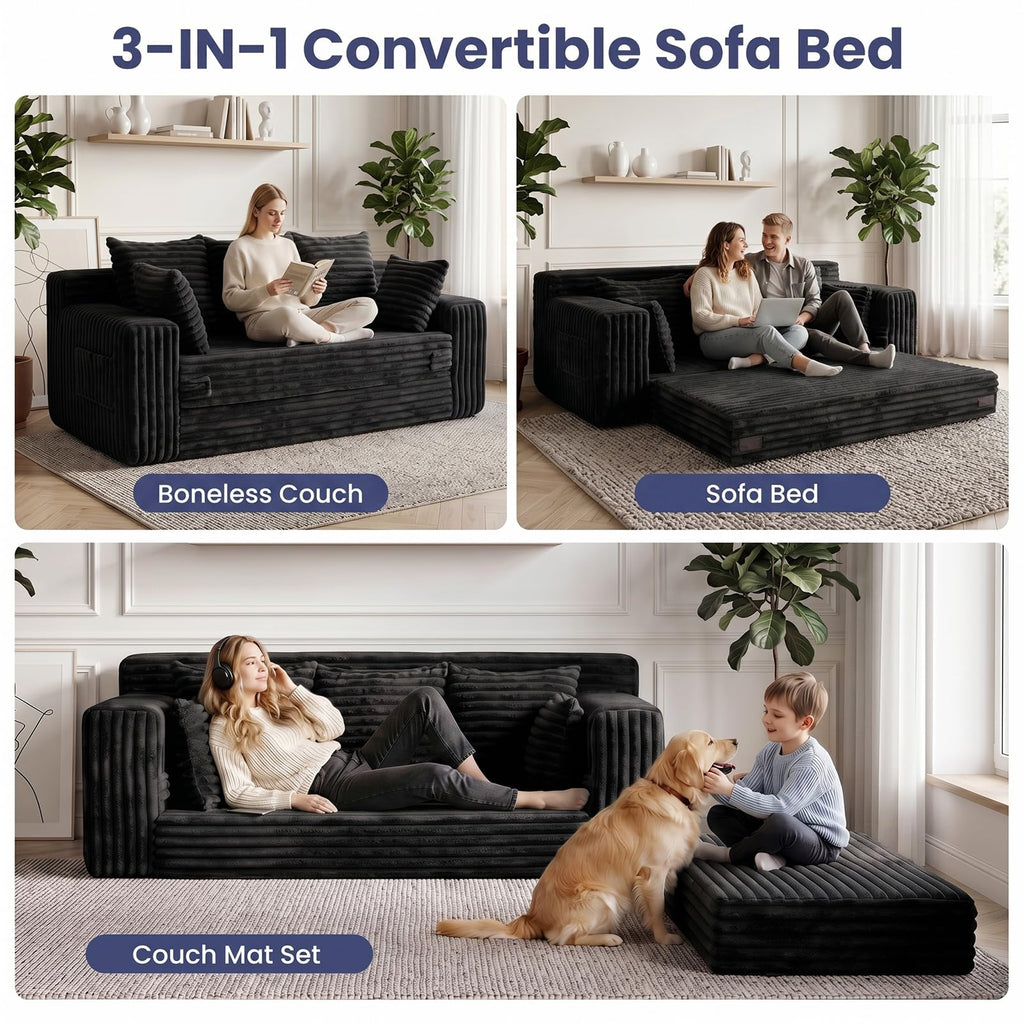 3-in-1 Convertible Sofa Bed: Boneless Loveseat Sleeper & Folding Couch Bed with 4 Pillows & Detachable Cushion, Furry Futon Couch for Bedroom, Apartment, Office and Living Room, No Assembly, Orange