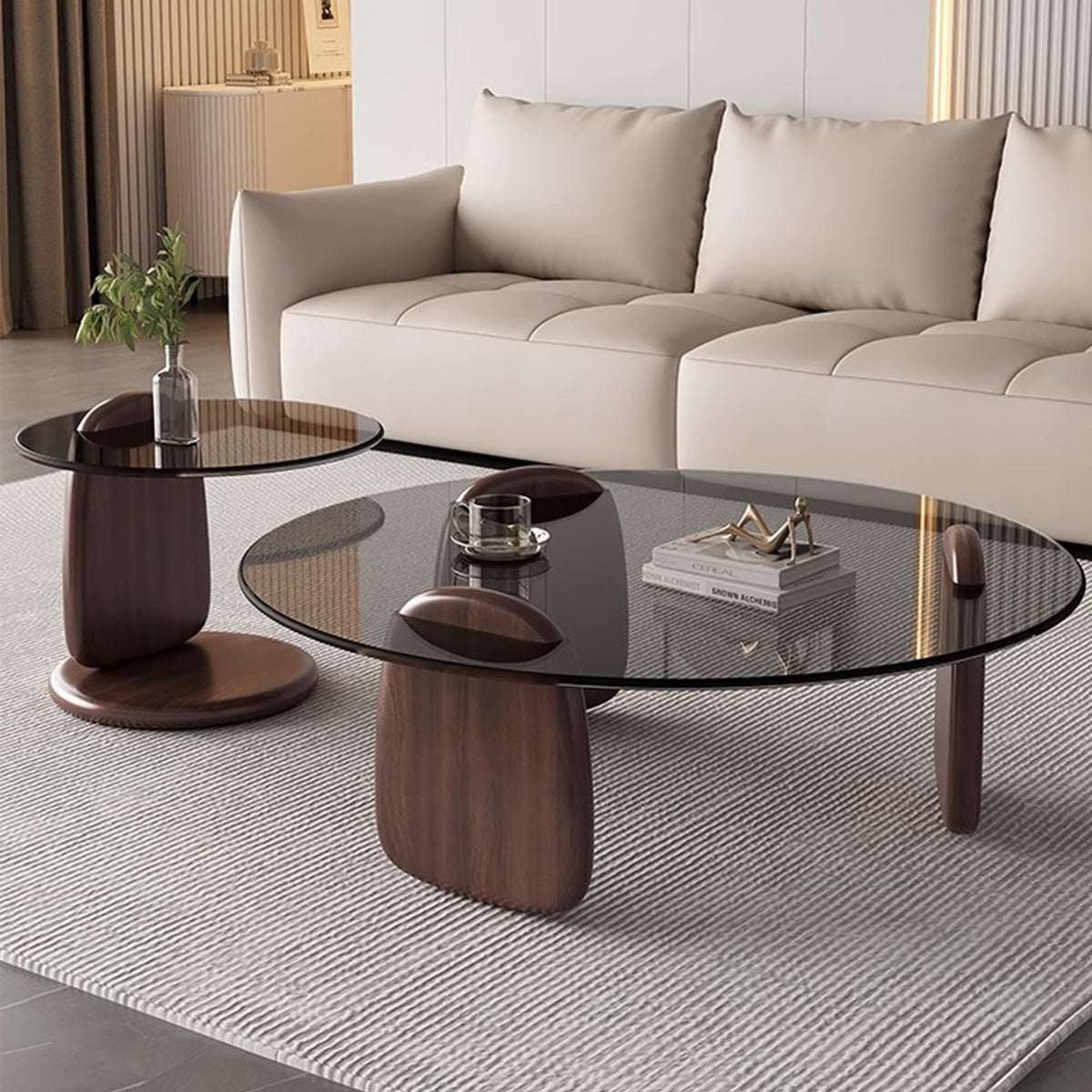 EASYSOUL Modern Round Coffee Table with Glass Top, 27.56" D x 27.56" W x 14.69" H, Circular Tea Tables for Living Room Home Office Industrial Cocktail Tables (Walunt-Clear Glass/27.56")
