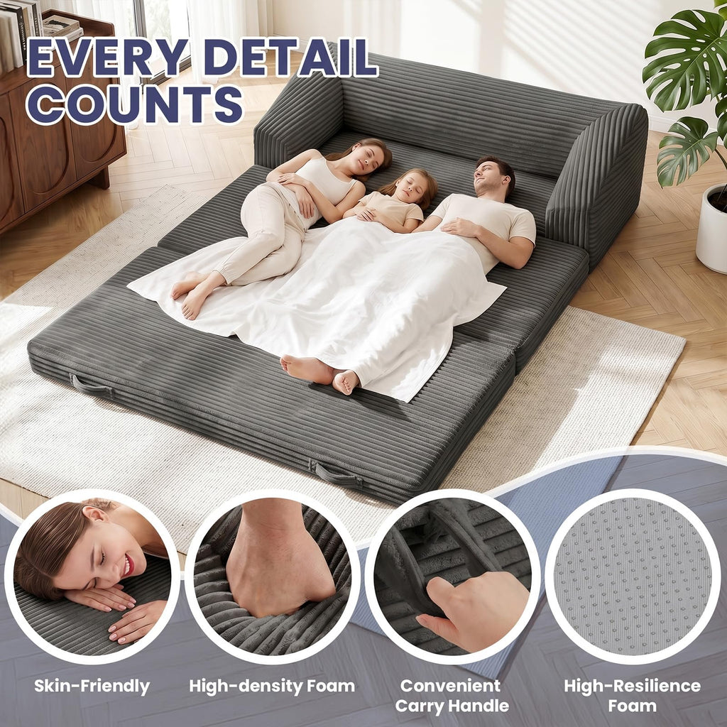 JUIKURY Convertible Sofa Bed, 3-in-1 Foldable Loveseat Couch with Armrest, Corduroy Floor Sofa & Sleeper Bed, No Assembly High-Density Foam Futon Mattress for Living Room, Small Apartment, Dorm