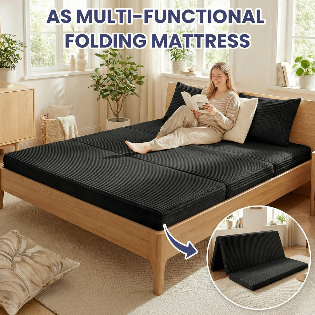 Convertible Sofa Bed, 4-in-1 Boneless Loveseat with Removable Armrests Backrest, Corduroy Futon Couch Bed with Pillow, Foldable Mattress Sleeper Sofa for Living Room Bedroom Small Place (Beige)