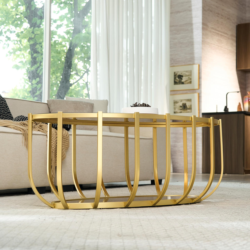 Saint Mossi Gold Round Coffee Table with Clear Glass Top and Glass Shelf