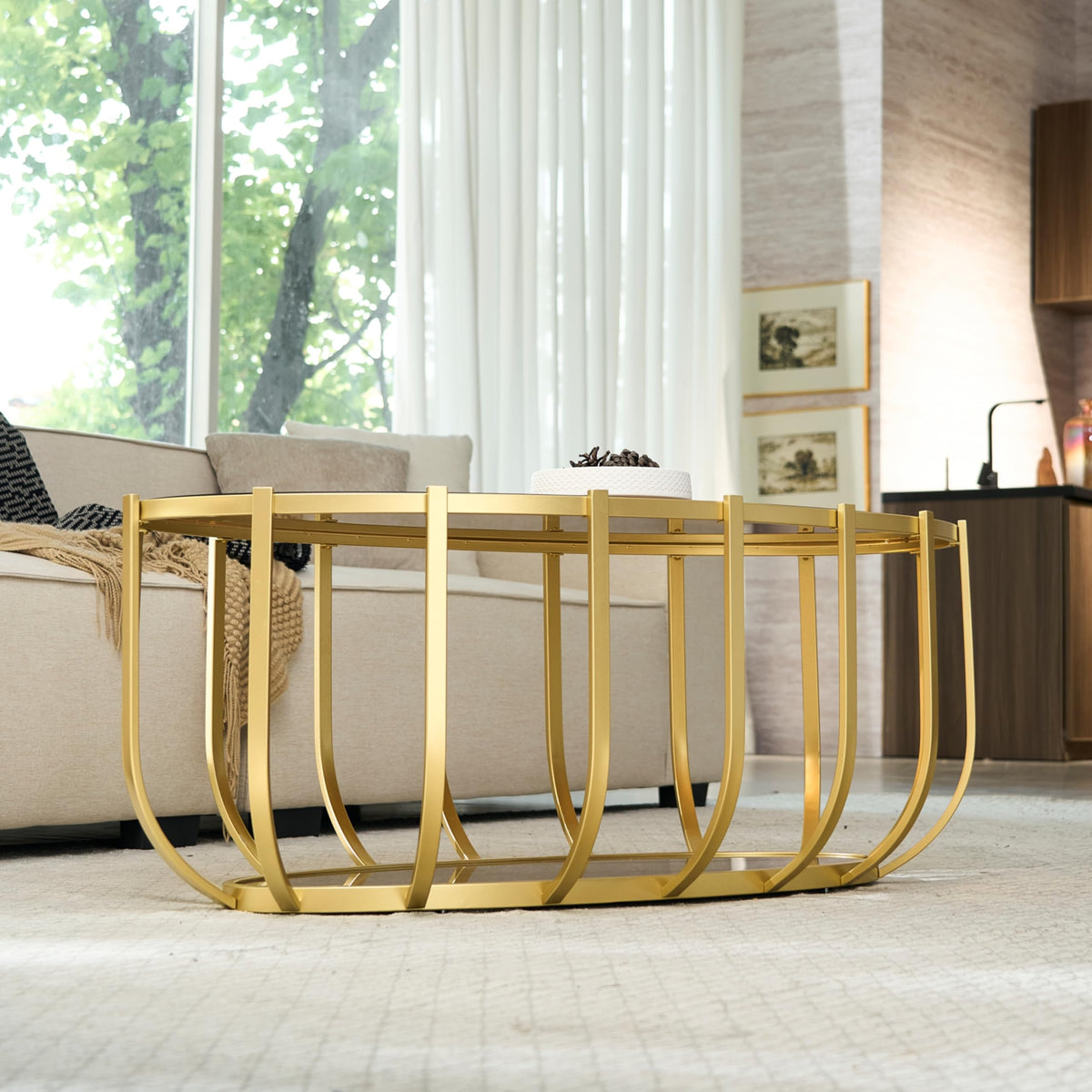 Saint Mossi Gold Round Coffee Table with Clear Glass Top and Glass Shelf