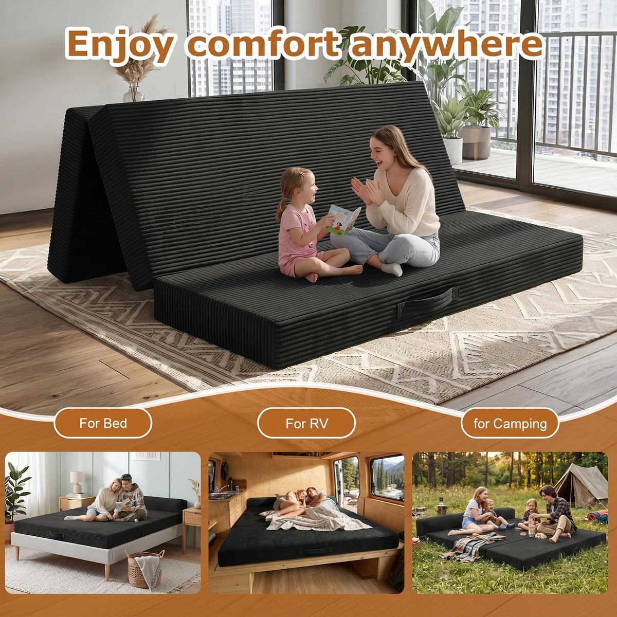 JUIKURY 6 Inch Tri-Fold Memory Foam Mattress Queen Size, 5 in 1 Convertible Sofa Bed, Foldable Floor Futon Sleeper Couch with Washable Cover & High-Density Foam, Portable Guest Bed for Living Room