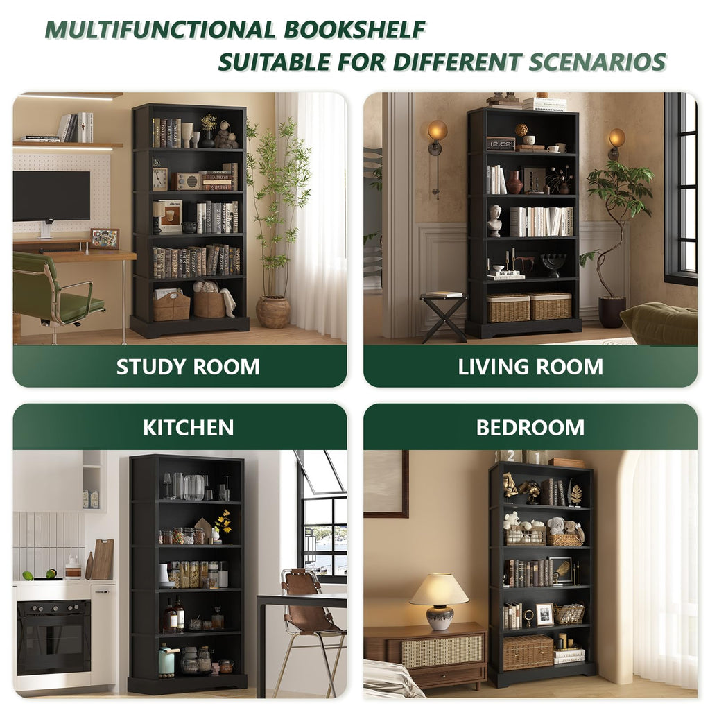 TVU 5 Tiers Wooden Bookshelf, 65.2" Tall Farmhouse Style Open Bookcase, 31.5" Wide Standing Book Shelf with Storage for Study Room, Living Room, Walnut Brown