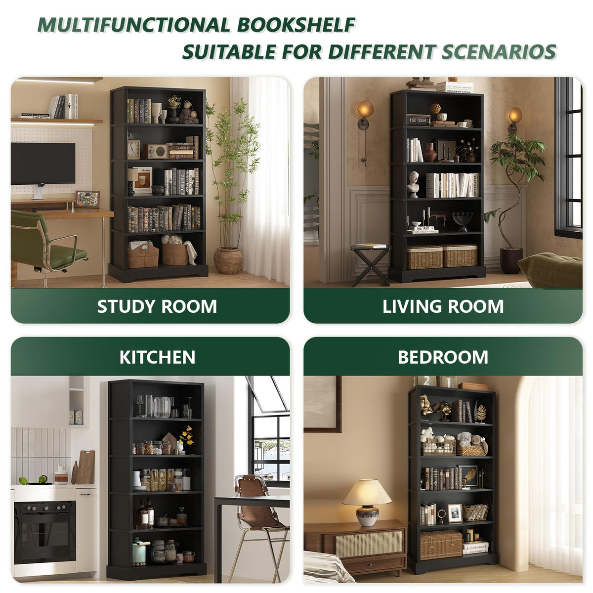 TVU 5 Tiers Wooden Bookshelf, 65.2" Tall Farmhouse Style Open Bookcase, 31.5" Wide Standing Book Shelf with Storage for Study Room, Living Room, Walnut Brown