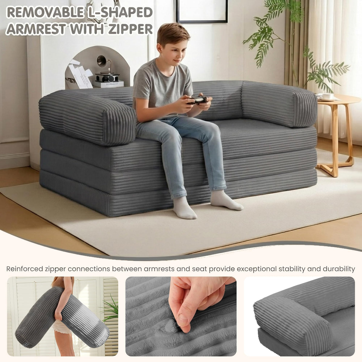 Convertible Sofa Bed Queen,5-in-1 Boneless Couch with Removable Armrests & Handle,Corduroy Futon Sleeper Sofa,Floor Folding Mattress Pull Out Bed for Small Space Apartment Living Room Bedroom,Green