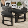 Round Coffee Table with Stools Underneath - 30 Inch Small Modern Tables Set with 3 Chairs Ottomans Seating Seats Black Wood
